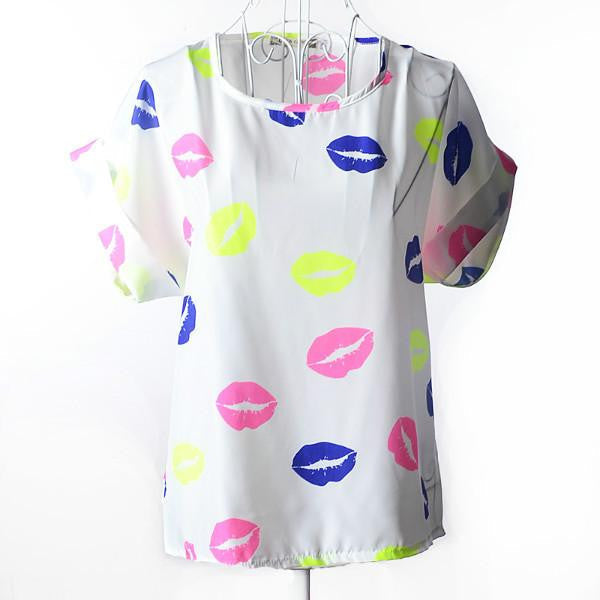 Womens Bird Print Heart Design Geometric Polka Dot Cute Loose Chiffon Short Sleeve Top