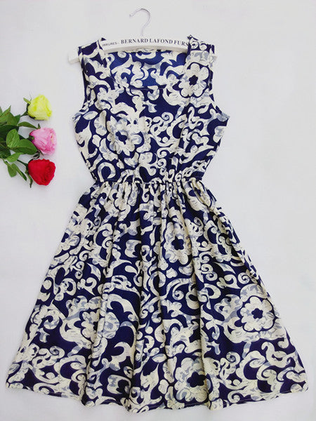 Summer Women dress Brand Casual Print Sleeveless Chiffon stripe floral print Elastic Waist Bohemian Beach Dresses