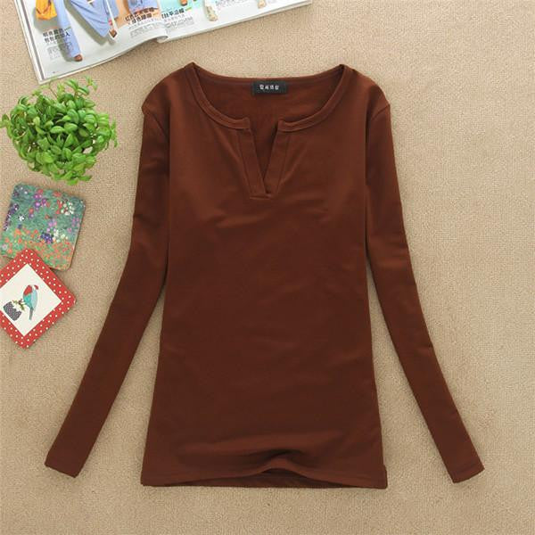 Online discount shop Australia - Factory Price New women basic V Neck Long Sleeve fitted plain top solid stretch shirt S-M