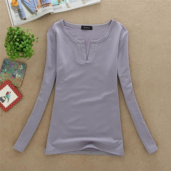 Online discount shop Australia - Factory Price New women basic V Neck Long Sleeve fitted plain top solid stretch shirt S-M