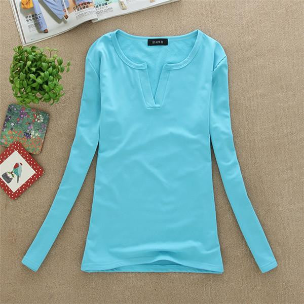 Online discount shop Australia - Factory Price New women basic V Neck Long Sleeve fitted plain top solid stretch shirt S-M
