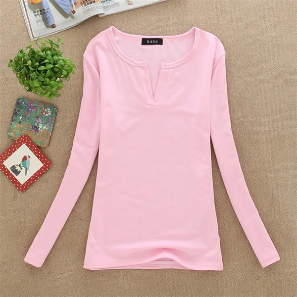 Online discount shop Australia - Factory Price New women basic V Neck Long Sleeve fitted plain top solid stretch shirt S-M