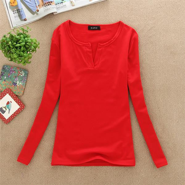 Online discount shop Australia - Factory Price New women basic V Neck Long Sleeve fitted plain top solid stretch shirt S-M