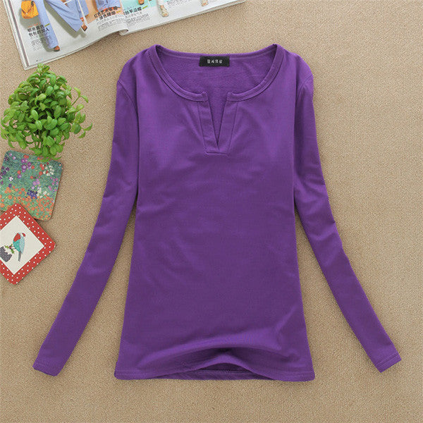 Online discount shop Australia - Factory Price New women basic V Neck Long Sleeve fitted plain top solid stretch shirt S-M