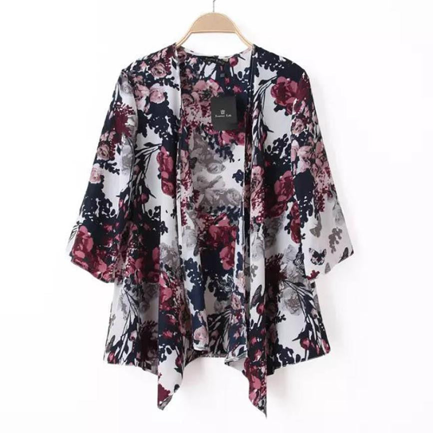 Office Lady Coat OL Women Floral Printed Chiffon Kimono Cardigan Jacket Jacket Women