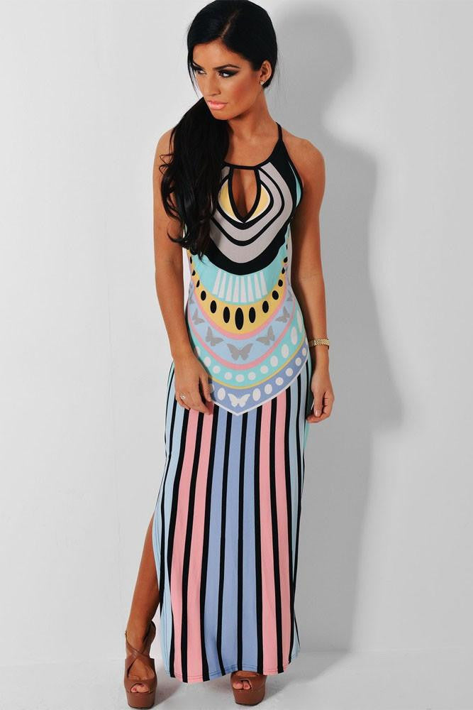 Women Style Summer Holiday Multicolor Keyhole Dress Multicolor Side Split Maxi Print Dress LC60650 Vestidos Longos