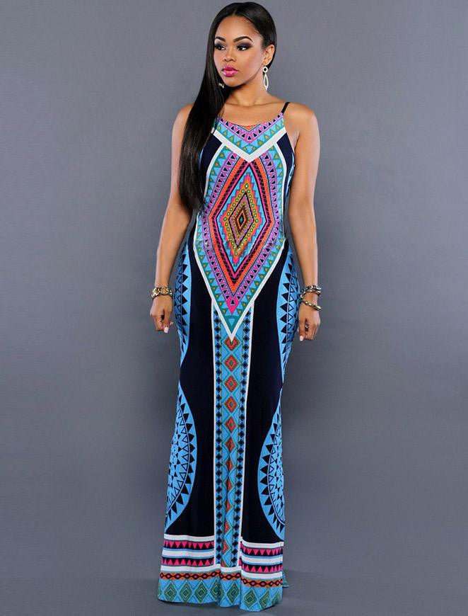 Women Style Summer Holiday Multicolor Keyhole Dress Multicolor Side Split Maxi Print Dress LC60650 Vestidos Longos