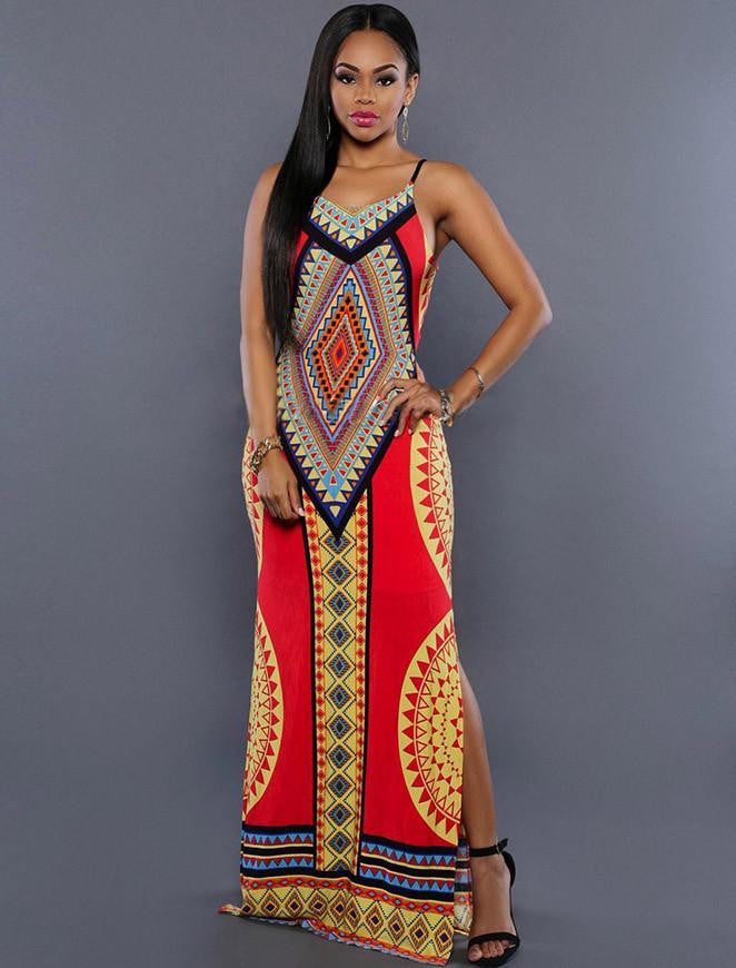 Women Style Summer Holiday Multicolor Keyhole Dress Multicolor Side Split Maxi Print Dress LC60650 Vestidos Longos