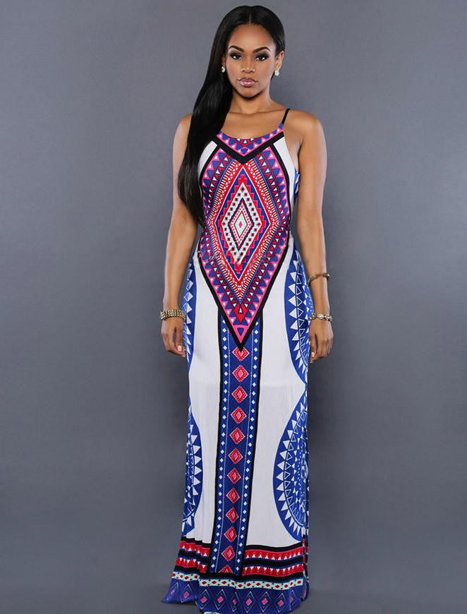 Women Style Summer Holiday Multicolor Keyhole Dress Multicolor Side Split Maxi Print Dress LC60650 Vestidos Longos