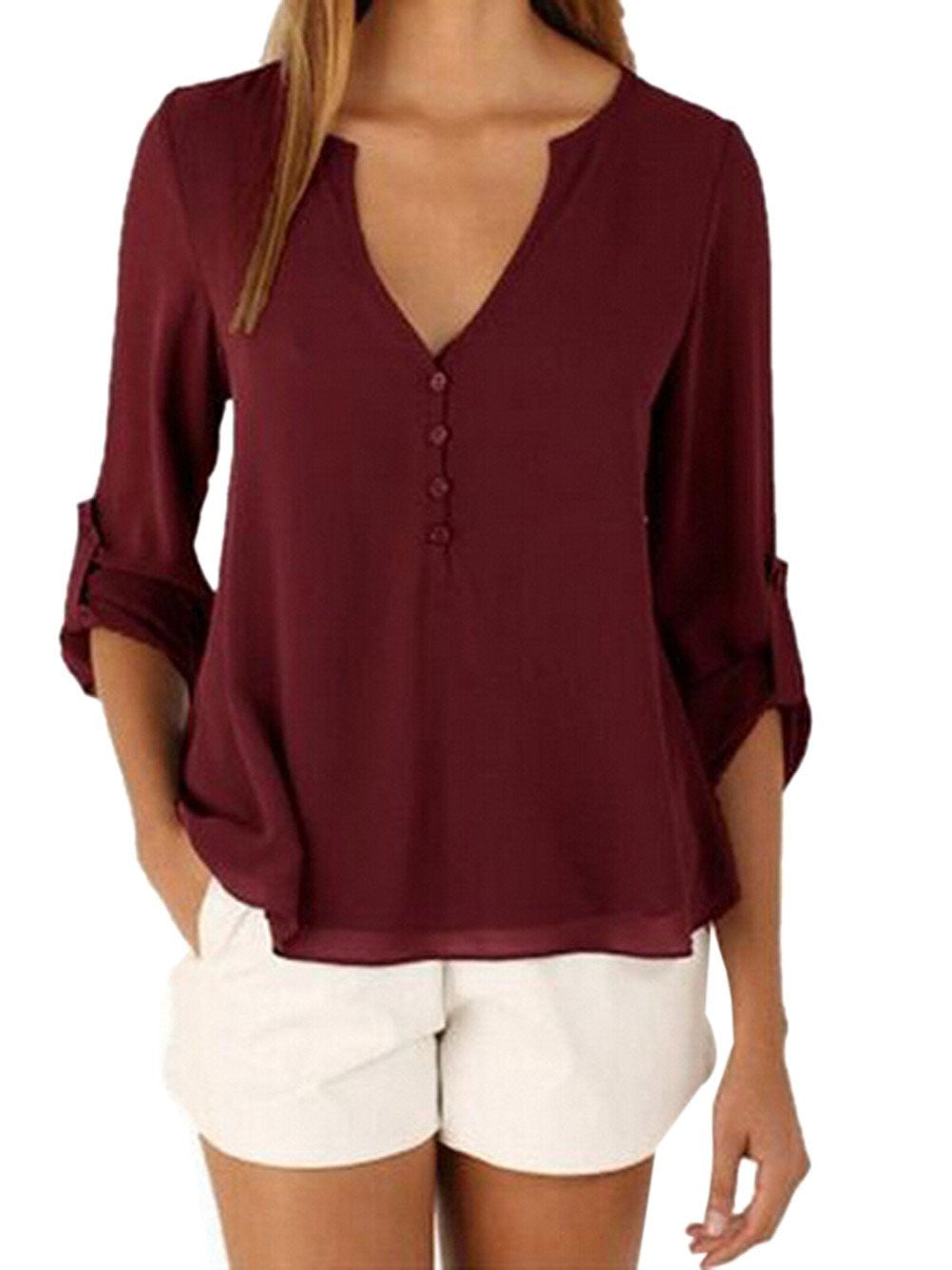 Sheer V Neck Top Button High Low Shirt Blouse Loose Sheer Chiffon Casual Casual Shirt Women Elegant Office Wear Tops