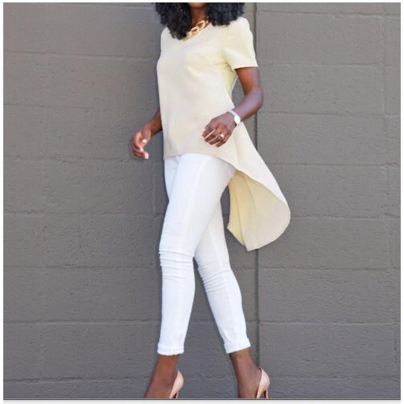 Women T-shirt Casual Irregular Hem Swallowtail Top Solid Chiffon Short Sleeve Casual Tee Tops Plus Size S-5XL