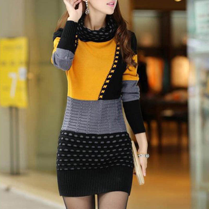 Fashion Women Winter Dress Turtleneck Long Sleeve Knitted Sweater Dress Slim Dress Women Sweaters Pullovers SS206