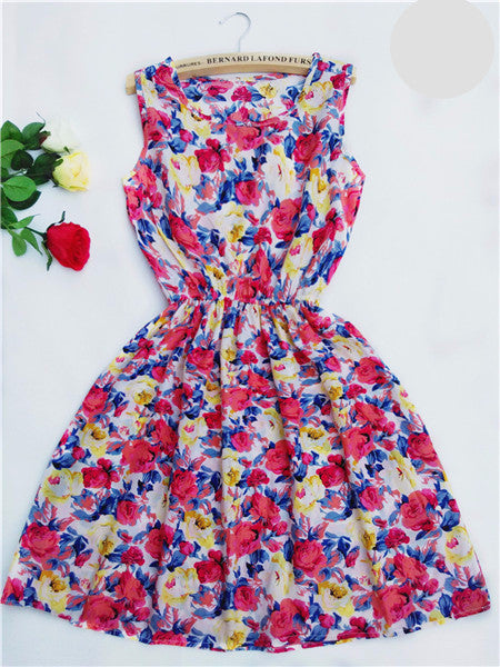 Online discount shop Australia - Fashion casual Women vestidos Sleeveless Round Neck Florals Print Dress Saias Femininas Summer Clothing