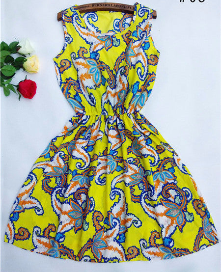 Online discount shop Australia - Fashion casual Women vestidos Sleeveless Round Neck Florals Print Dress Saias Femininas Summer Clothing