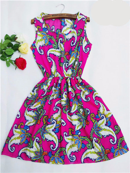 Online discount shop Australia - Fashion casual Women vestidos Sleeveless Round Neck Florals Print Dress Saias Femininas Summer Clothing