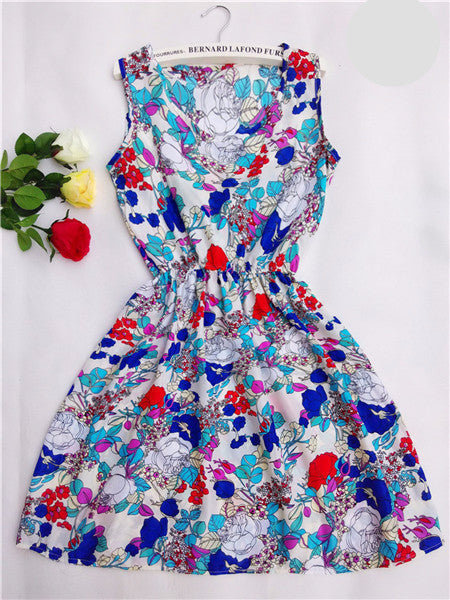 Online discount shop Australia - Fashion casual Women vestidos Sleeveless Round Neck Florals Print Dress Saias Femininas Summer Clothing