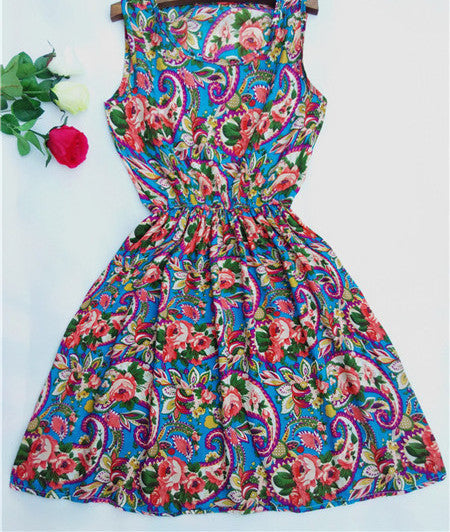 Online discount shop Australia - Fashion casual Women vestidos Sleeveless Round Neck Florals Print Dress Saias Femininas Summer Clothing