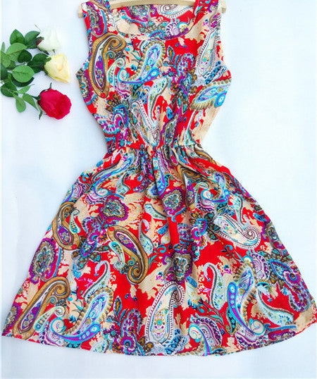 Online discount shop Australia - Fashion casual Women vestidos Sleeveless Round Neck Florals Print Dress Saias Femininas Summer Clothing