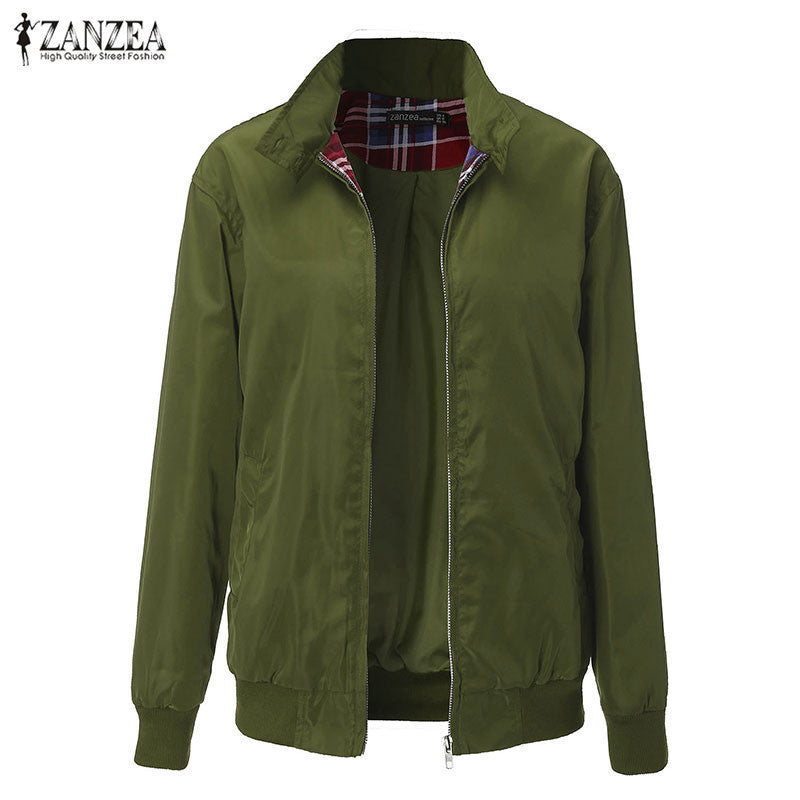 Outwear Women Casual Outerwear Long Sleeve Slim Tartan Lining Zippered Bomber Jacket Coat US Plus Size 4-22