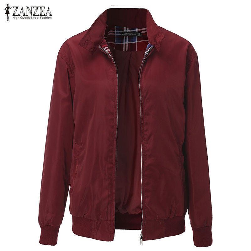 Outwear Women Casual Outerwear Long Sleeve Slim Tartan Lining Zippered Bomber Jacket Coat US Plus Size 4-22