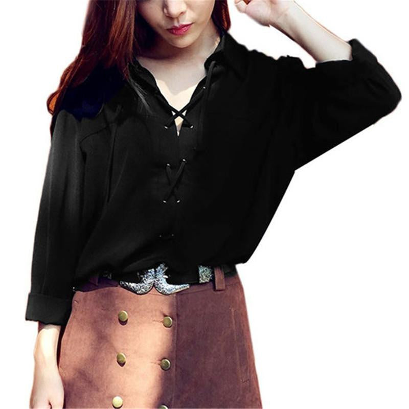 Women Turn Down Collar Chiffon Shirt Deep V Front Lace Up Long Sleeve Blouse Casual Tops Plus Size S-3XL