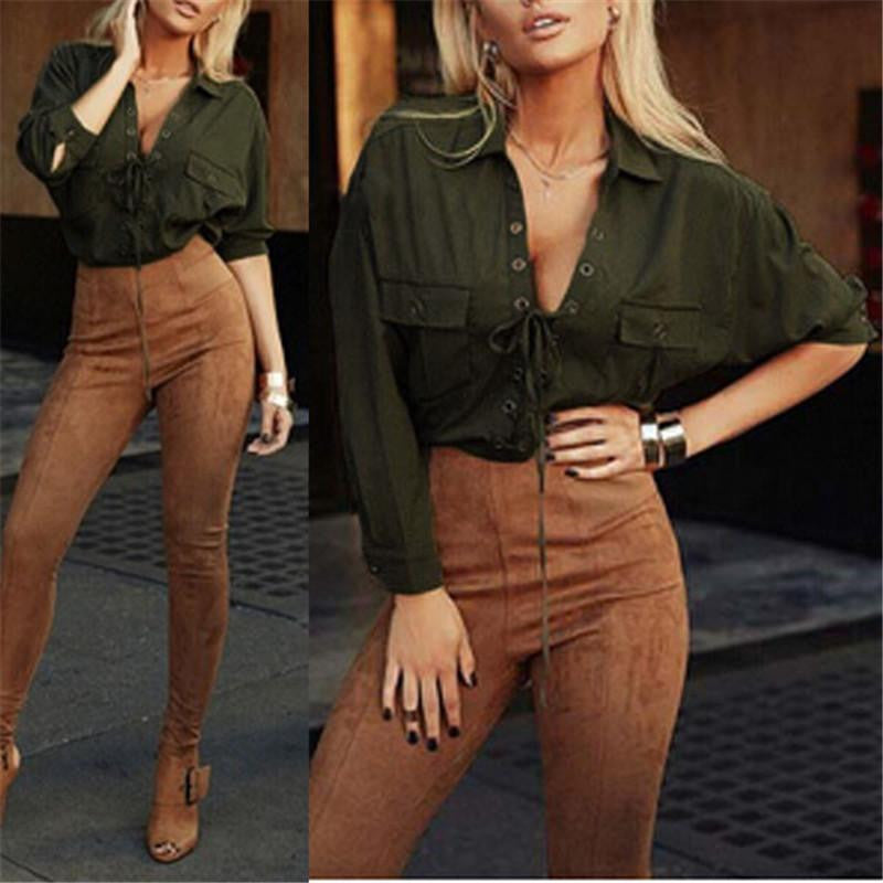 Women Turn Down Collar Chiffon Shirt Deep V Front Lace Up Long Sleeve Blouse Casual Tops Plus Size S-3XL