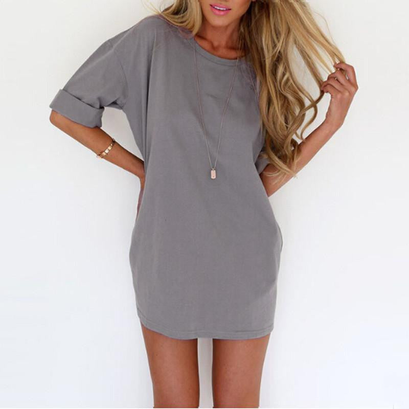 Women Dress Casual Loose Ladies Short Sleeve Solid Mini Dresses Vestidos Plus Size S-4XL