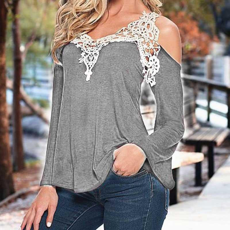 women blouse shirt lace Blouses Shirt Off Shoulder Long Sleeve V-Neck Lace Strapless Women tops