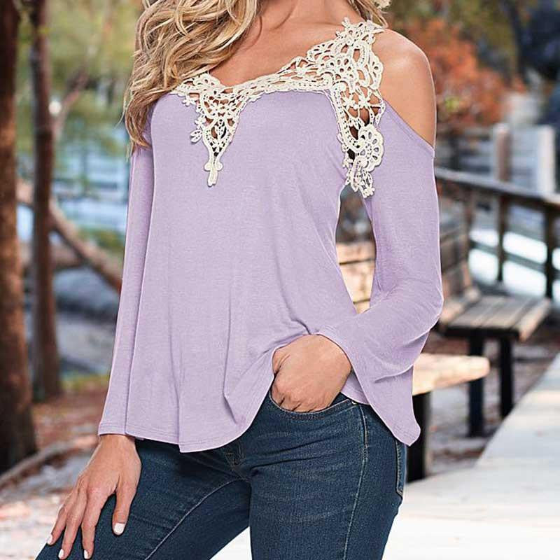 women blouse shirt lace Blouses Shirt Off Shoulder Long Sleeve V-Neck Lace Strapless Women tops
