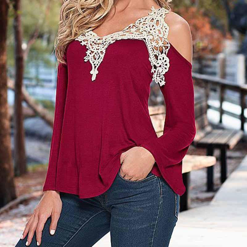 women blouse shirt lace Blouses Shirt Off Shoulder Long Sleeve V-Neck Lace Strapless Women tops