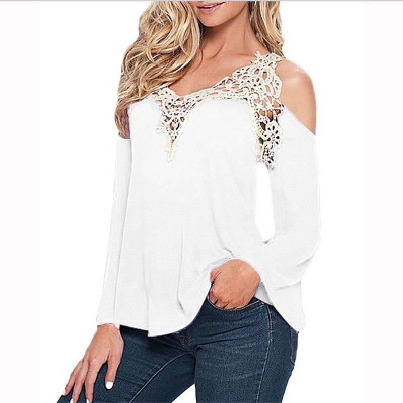 women blouse shirt lace Blouses Shirt Off Shoulder Long Sleeve V-Neck Lace Strapless Women tops
