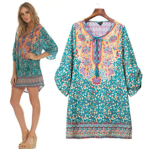 Online discount shop Australia - Floral Print Chiffon Spain Dress Of Color Three Quarter Women Summer Beach Dresses Printed Womens Tunic Top Tunique Femme