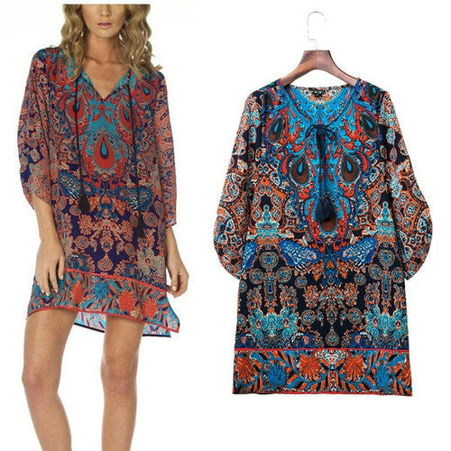 Online discount shop Australia - Floral Print Chiffon Spain Dress Of Color Three Quarter Women Summer Beach Dresses Printed Womens Tunic Top Tunique Femme