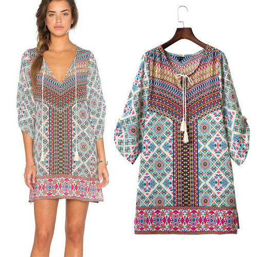 Online discount shop Australia - Floral Print Chiffon Spain Dress Of Color Three Quarter Women Summer Beach Dresses Printed Womens Tunic Top Tunique Femme