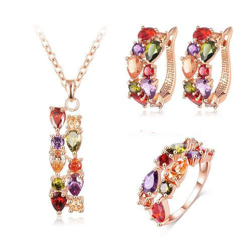 New Top Rose Gold Plate Flower Jewelry Set Multicolor Cubic Zircon Pendant/Earrings/Ring Women Wedding Jewelry Sets - CelebritystyleFashion.com.au online clothing shop australia