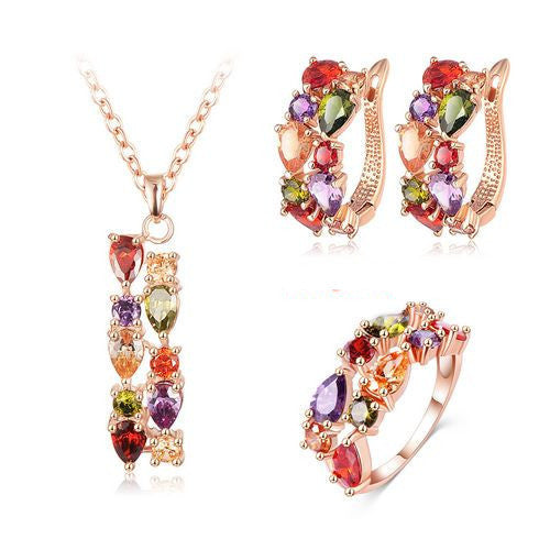 New Top Rose Gold Plate Flower Jewelry Set Multicolor Cubic Zircon Pendant/Earrings/Ring Women Wedding Jewelry Sets - CelebritystyleFashion.com.au online clothing shop australia