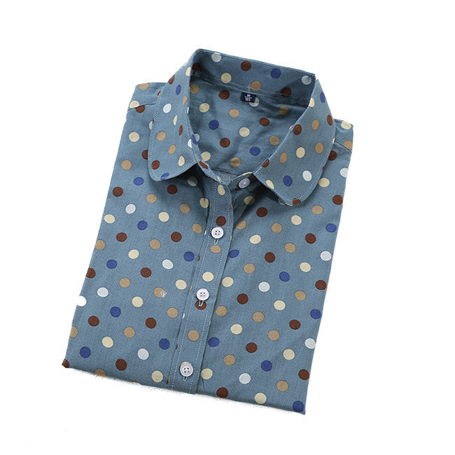 Plus Size Polka Dot Cotton Women Blouses Shirts Long Sleeve Women Shirts Turn Down Collar Cotton Casual Shirt Women Tops