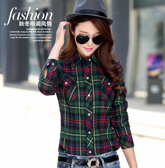 women's casual warm wool shirts blouse / Women's long sleeve plus velvet plaid shirt