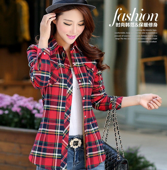 women's casual warm wool shirts blouse / Women's long sleeve plus velvet plaid shirt