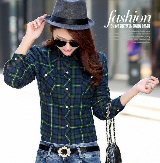 women's casual warm wool shirts blouse / Women's long sleeve plus velvet plaid shirt