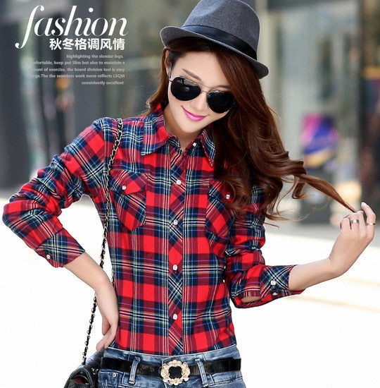 women's casual warm wool shirts blouse / Women's long sleeve plus velvet plaid shirt