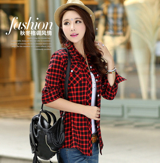 women's casual warm wool shirts blouse / Women's long sleeve plus velvet plaid shirt