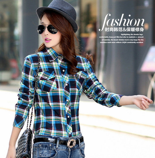 women's casual warm wool shirts blouse / Women's long sleeve plus velvet plaid shirt