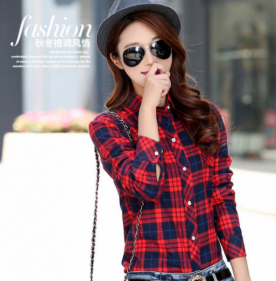women's casual warm wool shirts blouse / Women's long sleeve plus velvet plaid shirt