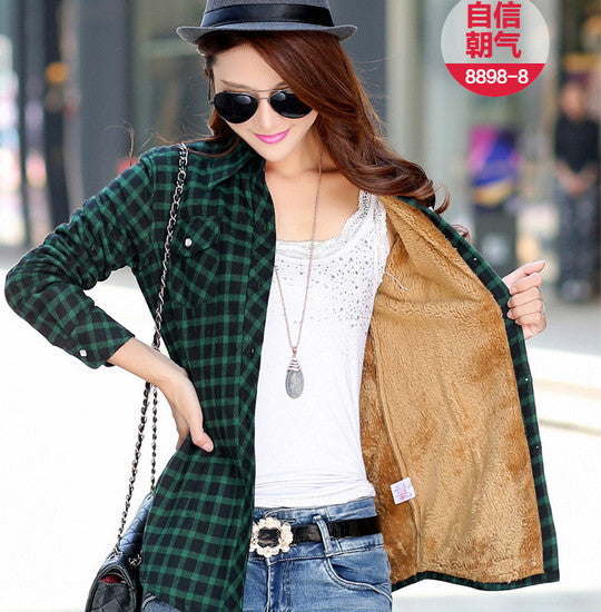 women's casual warm wool shirts blouse / Women's long sleeve plus velvet plaid shirt