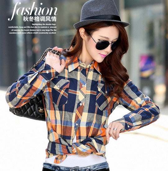 women's casual warm wool shirts blouse / Women's long sleeve plus velvet plaid shirt