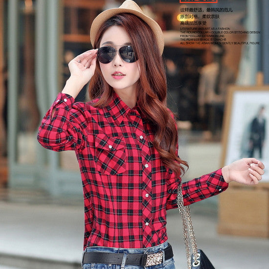 women's casual warm wool shirts blouse / Women's long sleeve plus velvet plaid shirt