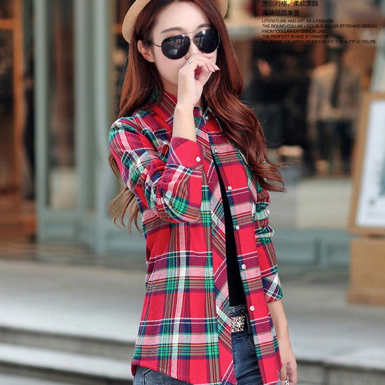 women's casual warm wool shirts blouse / Women's long sleeve plus velvet plaid shirt