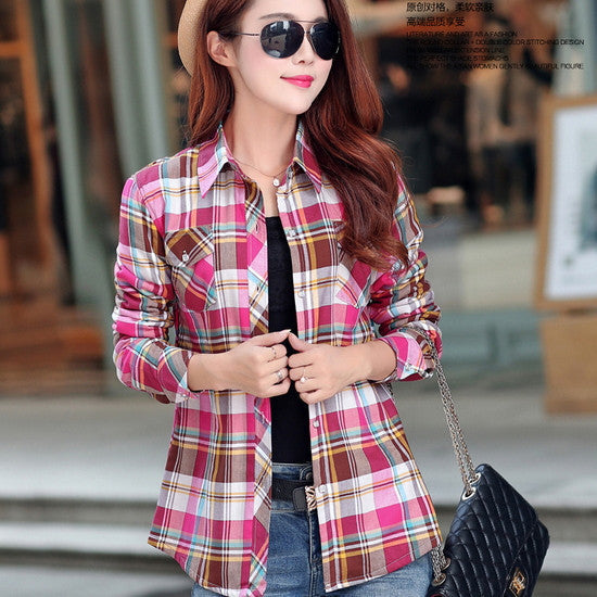 women's casual warm wool shirts blouse / Women's long sleeve plus velvet plaid shirt