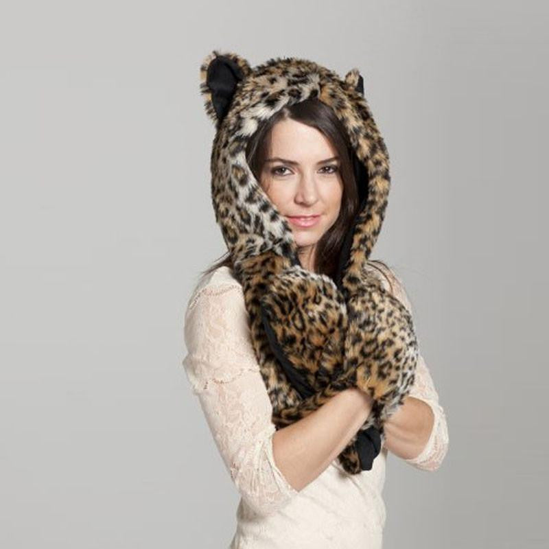 Warm Animal Fur Hat Scarf Fluffy Plush Cap Ear Hood Shawl Glove Unisex DM#6
